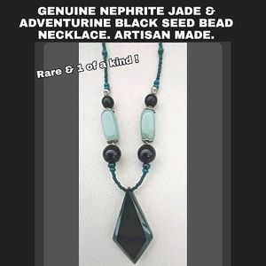 GENUINE Nephrite Jade Aventurine Stone Black Bead Green Seed Bead Necklace 22"